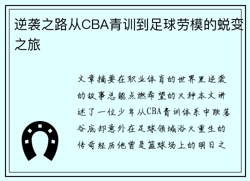 逆袭之路从CBA青训到足球劳模的蜕变之旅