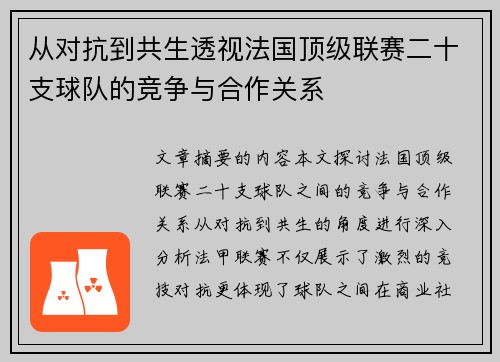 从对抗到共生透视法国顶级联赛二十支球队的竞争与合作关系